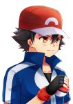  ashujou black_hair closed_mouth collared_shirt commentary_request fingerless_gloves gloves hat highres male_focus pokemon pokemon_(anime) pokemon_(game) pokemon_xy pokemon_xy_(anime) satoshi_(pokemon) shirt simple_background smile solo upper_body white_background 