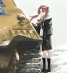  bangs black_coat black_legwear black_neckwear black_ribbon blouse blurry blurry_foreground brown_eyes brown_footwear brown_hair closed_mouth commentary day depth_of_field emblem girls_und_panzer green_skirt ground_vehicle hair_ribbon hand_in_pocket jagdpanzer_38(t) kadotani_anzu kneehighs light_smile loafers long_hair long_sleeves looking_to_the_side military military_vehicle miniskirt motor_vehicle neckerchief ooarai_(emblem) ooarai_school_uniform parted_bangs pleated_skirt ribbon school_uniform serafuku shoes skirt snow solo standing tank twintails white_blouse wind yuuyu_(777) 