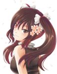  bangs bare_shoulders brown_eyes brown_hair closed_mouth commentary_request flower hair_between_eyes hair_flower hair_ornament heterochromia jewelry kaogei_moai long_hair looking_at_viewer moai_(moai_world) neo_(rwby) pink_eyes rwby smile solo white_background 