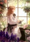  absurdres black_neckwear black_ribbon blonde_hair bow bowtie closed_mouth dress flower hair_ribbon highres long_hair long_sleeves original pink_flower pink_rose plant potted_plant profile ribbon romiy rose smile standing watering_can white_dress window 