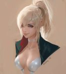  black_jacket blonde_hair blue_eyes breasts choker cleavage highres jacket leotard lips long_hair looking_at_viewer medium_breasts open_clothes open_jacket original ponytail raikoart simple_background smile solo tess_turner upper_body 