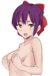  1girl blush bow breasts covering covering_breasts gegege_no_kitarou haxtutari looking_at_viewer nekomusume nude purple_hair short_hair simple_background small_breasts solo upper_body white_background yellow_eyes 