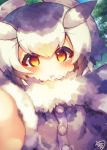  bangs black_hair blue_sky blush commentary_request day drooling eyebrows_visible_through_hair fur-trimmed_sleeves fur_collar fur_trim grey_coat grey_hair hair_between_eyes hair_wings highres kemono_friends long_sleeves multicolored_hair muuran northern_white-faced_owl_(kemono_friends) orange_eyes outdoors outstretched_arm parted_lips signature sky solo white_hair 