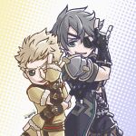  armor blonde_hair blue_eyes chibi eudes_(fire_emblem) eyepatch fingerless_gloves fire_emblem fire_emblem:_kakusei gloves highres jacket male_focus multiple_boys oekaki_ega4 pose short_hair silver_hair smile trait_connection xenoblade_(series) xenoblade_2 zeke_b_arutimetto_genbu 