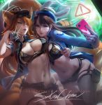  2girls ahri bikini_top breast_press breasts bunny_ears cleavage fox_ears fox_tail large_breasts league_of_legends multiple_girls nail_polish navel officer_d.va overwatch phone police police_hat police_uniform policewoman pose sakimichan self_shot short_shorts shorts thighhighs unbuttoned v watermark whisker_markings 