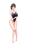  1girl barefoot black_hair breasts crossed_arms curvy female full_body game_cg julia_bloodstone kangoku_academia large_breasts lilith-soft looking_at_viewer naughty_face nipples partially_visible_vulva puss_juice red_eyes shiny shiny_skin short_hair sian smile solo standing sweat swimsuit underwear 