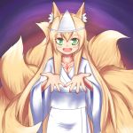  :d alternate_costume animal_ear_fluff animal_ears blonde_hair commentary_request fang fox_ears fox_tail green_eyes highres japanese_clothes kimono kitsune kyuubi large_tail long_hair looking_at_viewer mon-musu_quest! multiple_tails open_hands open_mouth ruinluin slit_pupils smile solo tail tamamo_(mon-musu_quest!) tattoo triangular_headpiece white_kimono 