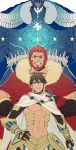  abs ahoge beard brown_hair cape closed_mouth commentary_request cowboy_shot faceless facial_hair fate/grand_order fate/prototype fate/prototype:_fragments_of_blue_and_silver fate/zero fate_(series) fur_trim grin hand_on_hip hands_on_hips height_difference highres ivan_the_terrible_(fate/grand_order) looking_at_viewer male_focus multiple_boys muscle ozymandias_(fate) red_cape red_eyes red_hair rider_(fate/zero) simple_background smile staff standing takashi_(huzakenna) toned toned_male white_background white_cape yellow_eyes 