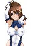 blush breasts brown_eyes brown_hair cleavage covered_navel covered_nipples hair_ornament highres large_breasts leotard looking_at_viewer lyrical_nanoha mahou_shoujo_lyrical_nanoha_strikers simple_background smile solo tappa_(esperanza) white_background x_hair_ornament yagami_hayate 