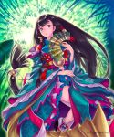  absurdly_long_hair bamboo bamboo_forest bell black_hair blue_eyes detached_sleeves fan floating_hair forest hair_bell hair_ornament hair_ribbon highres hisakata_souji holding holding_fan japanese_clothes long_hair looking_at_viewer low-tied_long_hair midriff nature navel outdoors parted_lips red_ribbon ribbon shadowverse solo stomach very_long_hair white_ribbon 
