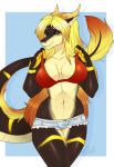  anthro bikini blonde_hair breasts clothed clothing dragon female green_eyes hair hiddenwolf horn looking_at_viewer navel nipple_bulge skimpy solo standing swimsuit wide_hips 