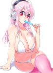  bikini breasts commentary_request covered_nipples food headphones large_breasts long_hair looking_at_viewer nitroplus onsoku_maru pink_hair pink_legwear popsicle red_eyes simple_background sitting solo super_sonico swimsuit thighhighs white_background white_bikini 