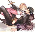  1girl all_fours belial_(granblue_fantasy) belt black_footwear black_hair black_pants black_shirt blonde_hair blood blood_on_face bloody_clothes boots breasts cleavage djeeta_(granblue_fantasy) dress eye_contact gauntlets girl_on_top granblue_fantasy grin hairband highres hinahino holding holding_sword holding_weapon looking_at_another lying medium_breasts midriff on_back pants pink_dress pink_hairband red_ribbon ribbon shirt short_dress short_hair simple_background smile spiked_hair stomach sword thigh_boots thighhighs weapon white_background yellow_eyes 
