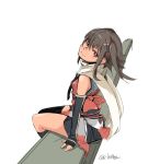  black_gloves black_skirt brown_eyes brown_hair elbow_gloves fingerless_gloves gloves hair_ornament isetta kantai_collection long_hair looking_at_viewer remodel_(kantai_collection) scarf school_uniform sendai_(kantai_collection) serafuku simple_background sitting skirt smile solo twitter_username two_side_up white_background white_scarf 