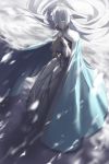  anastasia_(fate/grand_order) bangs blue_eyes cape commentary doll dress eyebrows_visible_through_hair fate/grand_order fate_(series) hair_lift hair_over_one_eye hairband highres holding jewelry long_hair ribbon royal_robe silver_hair solo user_hwvm7837 very_long_hair wind 