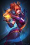  2018 arm_guards backlighting bangs black_gloves bodysuit breasts cleavage cleavage_cutout commentary elbow_gloves elementalist_lux fire from_side gloves highres league_of_legends lips long_hair looking_at_viewer looking_to_the_side luxanna_crownguard magic magma_elementalist_lux medium_breasts motion_blur orange_hair parted_lips ponytail red_eyes red_hair signature skin_tight soemy standing swept_bangs vambraces 