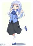  artist_name black_skirt blue_eyes blue_footwear blue_hair commentary_request full_body gochuumon_wa_usagi_desu_ka? hair_ornament highres kafuu_chino kneehighs long_hair long_sleeves looking_at_viewer rabbit_house_uniform shoes simple_background skirt solo standing standing_on_one_leg white_legwear win_opz x_hair_ornament 