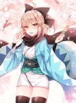  ahoge black_bow black_scarf blonde_hair blush bow cherry_blossoms commentary dango fate/grand_order fate_(series) food hair_bow haori highres japanese_clothes kimono looking_at_viewer obi okita_souji_(fate) okita_souji_(fate)_(all) open_mouth petals rijjin sanshoku_dango sash scarf shinsengumi short_kimono skewer smile solo wagashi white_kimono wide_sleeves yellow_eyes 