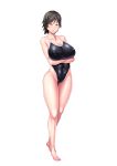  1girl barefoot black_hair breasts crossed_arms curvy female full_body game_cg julia_bloodstone kangoku_academia large_breasts lilith-soft looking_at_viewer nipples partially_visible_vulva red_eyes shiny shiny_skin short_hair sian smile solo standing swimsuit underwear 