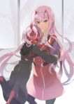  akausuko bangs black_legwear black_robe darling_in_the_franxx dress dual_persona eyebrows_visible_through_hair green_eyes hair_between_eyes hairband highres horns hug long_hair long_sleeves multiple_girls open_mouth pantyhose pink_hair red_dress red_skin robe smile snow snowing spoilers standing white_hairband window winter zero_two_(darling_in_the_franxx) 