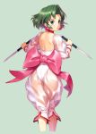  ass back back_bow bangs blue_eyes bow choker cowboy_shot dagger dual_wielding earrings ellis_(toushinden) from_behind green_background green_hair holding holding_dagger holding_weapon jewelry kurage_(kurakurapix) leotard looking_at_viewer looking_back nape parted_bangs pink_bow red_neckwear reverse_grip see-through see-through_sleeves short_hair simple_background solo toushinden weapon white_leotard wrist_cuffs 