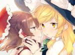  blonde_hair blush bow braid brown_eyes brown_hair eye_contact hair_bow hair_tubes hakurei_reimu hat imminent_kiss kirisame_marisa looking_at_another multiple_girls naughty_face parted_lips playing_with_another's_hair seductive_smile side_braid single_braid smile touhou vanilla_(miotanntann) witch_hat wrist_grab yellow_eyes yuri 