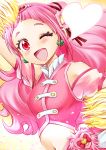  ;d arm_up blush commentary_request cure_yell earrings hugtto!_precure jewelry long_hair looking_at_viewer magical_girl naruse_yasuhiro navel nono_hana one_eye_closed open_mouth pink_hair pom_poms precure red_eyes smile solo 