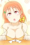  10s 1girl ahoge bare_shoulders blush braid breasts cleavage feitonokesin hair_ornament large_breasts looking_at_viewer love_live! love_live!_sunshine!! no_bra open_mouth orange_hair red_eyes short_hair solo strap_slip takami_chika upper_body 