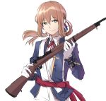  american_flag bangs blazer bolt_action brown_hair commentary_request dress eyebrows_visible_through_hair genderswap girls_frontline gloves green_eyes gun hair_between_eyes hair_ribbon hair_rings half-closed_eyes holding holding_gun holding_weapon jacket long_hair long_sleeves looking_at_viewer m1903_springfield m1903_springfield_(girls_frontline) male_focus partial_commentary ponytail ribbon rifle sash shirt sidelocks simple_background skirt smile solo upper_body weapon white_background white_dress white_gloves xiujia_yihuizi 