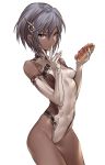  absurdres ass_visible_through_thighs breasts covered_navel cowboy_shot dark_skin eating elbow_gloves finger_to_mouth food food_on_face gloves hair_between_eyes hair_ornament highres hot_dog leotard maruchi original short_hair silver_eyes silver_hair simple_background skin_tight small_breasts solo white_background white_gloves 