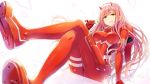  bodysuit breasts candy darling_in_the_franxx green_eyes horns lollipop long_hair pink_hair signed skirt_lift tel-o white zero_two 