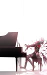  antonio_salieri_(fate/grand_order) breaking commentary cross fate/grand_order fate_(series) formal grey_hair hair_over_eyes hidden_eyes highres instrument music piano piano_bench playing_instrument playing_piano profile scarf suit white_background yumao_(yashi-ro) 
