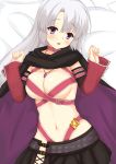  aquas_desuyo ayachi_nene belt blush breasts cape choker cleavage commentary_request detached_sleeves highres jewelry long_hair looking_at_viewer medium_breasts navel necklace open_mouth purple_eyes sanoba_witch silver_hair skirt solo yuzu-soft 