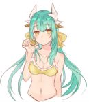  bare_arms bare_shoulders bikini blue_hair blush bow breasts closed_mouth eyebrows_visible_through_hair fate/grand_order fate_(series) hair_bow hair_ornament hand_up horns kiyohime_(fate/grand_order) kiyohime_(swimsuit_lancer)_(fate) long_hair medium_breasts mochii navel solo swimsuit upper_body yellow_bikini yellow_bow yellow_eyes 