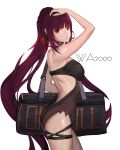  alternate_costume alternate_hairstyle armpits ass bag bangs blunt_bangs blush bow braid breasts character_name closed_mouth commentary crown_braid expressionless eyebrows_visible_through_hair from_side girls_frontline hair_bow hair_ribbon hand_on_own_head highres holding holding_bag ilja large_breasts long_hair looking_at_viewer one-piece_swimsuit ponytail purple_hair red_bow red_eyes ribbon ribs sidelocks simple_background skindentation solo swimsuit thigh_strap thighs very_long_hair wa2000_(girls_frontline) white_background 