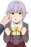  1other bow bowtie brown_eyes cheek_pinching clenched_hands collared_shirt grey_jacket hair_flaps hair_intakes hair_ornament hairclip idolmaster idolmaster_cinderella_girls jacket koshimizu_sachiko long_sleeves mattaku_mousuke open_mouth pinching purple_hair shirt short_hair sidelocks simple_background tsurime white_background yellow_neckwear 