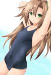  :o armpits arms_up asymmetrical_bangs bangs black_swimsuit blue_background blush brown_hair choujigen_game_neptune collarbone commentary_request competition_school_swimsuit covered_nipples cowboy_shot dutch_angle eyebrows_visible_through_hair flat_chest gradient gradient_background if_(choujigen_game_neptune) iwasi-r long_hair looking_at_viewer neptune_(series) one-piece_swimsuit parted_lips shiny shiny_hair skin_tight solo standing swimsuit very_long_hair 