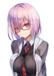  absurdres amamitsu_kousuke bad_id bad_twitter_id between_breasts blush breasts eyebrows_visible_through_hair fate/grand_order fate_(series) glasses hair_over_one_eye highres large_breasts mash_kyrielight necktie necktie_between_breasts purple_eyes purple_hair short_hair smile solo upper_body white_background 