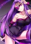  akeyama_kitsune bare_shoulders black_legwear blindfold blindfold_lift boots breasts chain cleavage commentary elbow_gloves facial_mark fate/stay_night fate_(series) forehead_mark gloves gradient gradient_background large_breasts lifted_by_self long_hair looking_at_viewer one_eye_covered purple_eyes purple_hair rider sleeveless solo square_pupils thigh_boots thighhighs thighs very_long_hair 