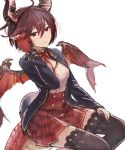 ahoge black_jacket black_legwear brown_eyes brown_hair demon_wings dragon_girl granblue_fantasy grea_(shingeki_no_bahamut) hair_between_eyes hand_in_hair hand_on_lap highres horns jacket looking_at_viewer neck_ribbon open_clothes open_jacket pleated_skirt pointy_ears red_ribbon red_skirt ribbon shingeki_no_bahamut shirt short_hair simple_background sitting sketch skirt smile solo striped striped_skirt tail tea-supun thighhighs white_background white_shirt wings zettai_ryouiki 
