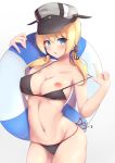  :o absurdres aqua_eyes bikini black_bikini blonde_hair blush breasts commentary_request gradient gradient_background grey_background hat highres kantai_collection long_hair looking_to_the_side medium_breasts navel nipples peaked_cap prinz_eugen_(kantai_collection) short_twintails side-tie_bikini solo standing swimsuit twintails yukikiri 