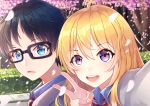  1girl :d arima_kousei artist_name black_hair blonde_hair blue_eyes cherry_blossoms commentary_request copyright_name dated ge_zhong_kuaile glasses looking_at_viewer miyazono_kawori open_mouth purple_eyes red_neckwear school_uniform shigatsu_wa_kimi_no_uso smile teeth translated upper_body v 