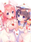  :p animal_ears bangs beret blush bow breasts brown_eyes brown_hair bunny_ears bunny_girl bunny_tail cat_ears cat_girl cleavage crepe dress eyebrows_visible_through_hair fingernails food food_in_mouth fruit hair_between_eyes hands_on_own_chest hat holding holding_food large_breasts leg_garter long_hair looking_at_viewer mouth_hold multiple_girls nail_polish original pink_hair piyodera_mucha purple_eyes red_nails sakura_(usashiro_mani) strawberry tail tongue tongue_out usashiro_mani white_background white_dress white_hat yellow_bow 