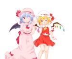  ;d alternate_hairstyle arm_behind_back ascot bat_wings blonde_hair blouse bow braid brooch buttons center_frills collared_blouse collared_shirt commentary_request eyebrows_visible_through_hair eyelashes fang feet_out_of_frame flandre_scarlet frilled_skirt frilled_sleeves frills gem gradient_eyes hair_ribbon hand_up hat hat_bow highres index_finger_raised jewelry knees_together light_blue_hair light_blush long_skirt looking_at_viewer low_twintails mob_cap multicolored multicolored_eyes multiple_girls nanarya one_eye_closed open_mouth pink_blouse pink_hat pink_skirt puffy_short_sleeves puffy_sleeves red_bow red_eyes red_neckwear red_ribbon red_skirt red_vest remilia_scarlet ribbon shirt short_hair short_sleeves simple_background single_braid skirt smile standing touhou twintails vest white_background white_hat white_shirt wing_collar wings wrist_cuffs yellow_eyes 
