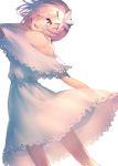  :d bangs bare_shoulders blue_eyes bright_pupils choker dress eyebrows eyebrows_visible_through_hair fate/grand_order fate_(series) flower hair_between_eyes hair_flower hair_ornament hair_over_one_eye lace lace-trimmed_dress lace_trim looking_at_viewer mash_kyrielight mebaru off-shoulder_dress off_shoulder open_mouth pink_hair short_hair simple_background smile solo teeth tongue white_background white_choker white_dress white_flower white_pupils 