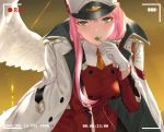  angel_wings bangs blush breasts candy copyright_name darling_in_the_franxx dress feathered_wings food gloves green_eyes hat highres holding holding_food jacket_on_shoulders leaning_forward lips lollipop long_hair long_sleeves looking_at_viewer medium_breasts military military_uniform pantyhose parted_lips peaked_cap pink_hair recording red_dress single_wing solo sweets tsurime uniform viewfinder white_coat white_gloves white_hat white_wings wings yijian_ma zero_two_(darling_in_the_franxx) 