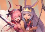  animal_ears armlet asymmetrical_horns bangs blue_eyes blush bracelet curled_horns dark_skin dragon_horns egyptian egyptian_clothes elizabeth_bathory_(brave)_(fate) elizabeth_bathory_(fate) elizabeth_bathory_(fate)_(all) eyebrows_visible_through_hair fang fate/grand_order fate_(series) gauntlets hairband holding holding_sword holding_weapon horns jackal_ears jewelry kawahara_ryuuta long_hair looking_at_another multiple_girls nitocris_(fate/grand_order) one_eye_closed open_mouth pink_hair purple_eyes purple_hair sleeveless smile star sword upper_body weapon 