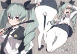  anchovy anzio_school_uniform ass bane_(haibanemumi) blush breasts cape drill_hair girls_und_panzer green_hair looking_at_viewer medium_breasts open_mouth panties panties_under_pantyhose pantyhose red_eyes riding_crop simple_background skirt skirt_lift smile solo twintails underwear white_background white_legwear 