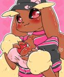  anthro black_sclera blush breasts brown_fur cleavage clothed clothing female fur hand_on_breast hat heart_background jacket kemono looking_at_viewer lopunny nintendo nipple_bulge pok&eacute;ball pok&eacute;mon pok&eacute;mon_(species) red_eyes shirt signature simple_background smile solo tan_fur video_games 茶紅摸 