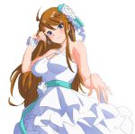  bare_shoulders blue_eyes brown_hair commentary_request dress earrings hat highres idolmaster idolmaster_million_live! jewelry long_hair looking_at_viewer sash solo tokoro_megumi white_dress zourion 